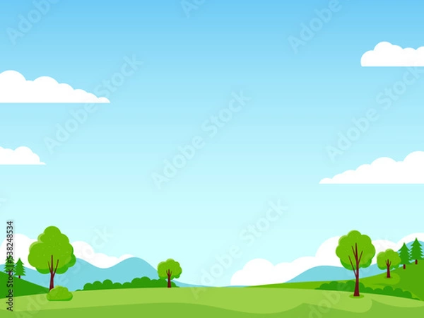Fototapeta Meadow landscape vector with green grass and blue sky suitable for background or illustration