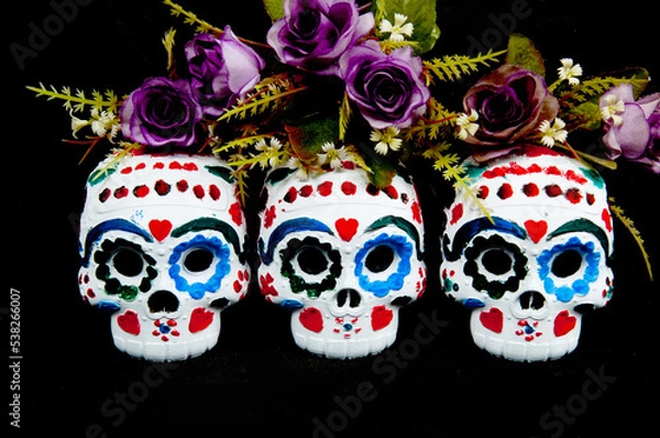 Fototapeta Dia de los muertos background with skulls and black background