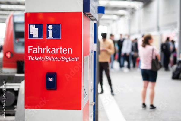 Obraz Fahrkartenautomat am Bahnhof, ein Ticket für eine Zugfahrt am Automaten kaufen 