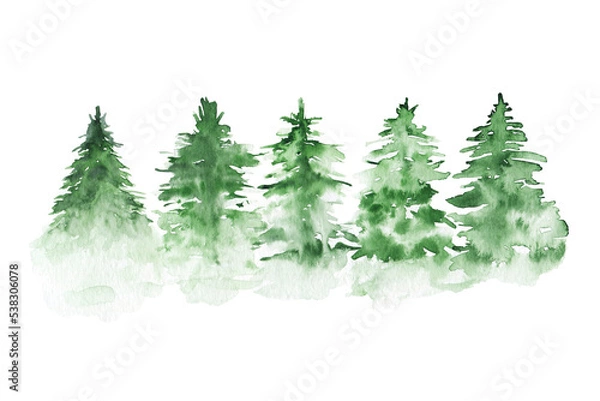 Obraz Watercolour green Christmas tree set. Hand drawn illustrations.