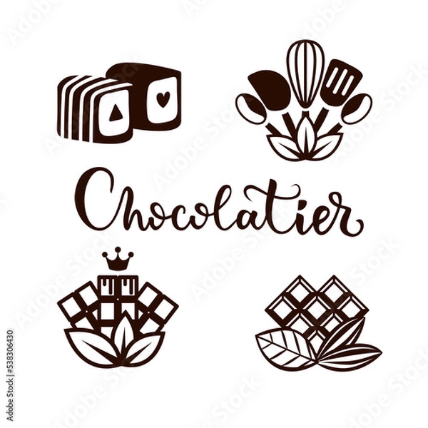 Fototapeta Set of vector logos for the confectioner. Chocolate, cocoa, sweets, confectionery. Ingredients for cake, sweets. Sweets, tasty, food. Confectioner's tools. We make chocolate. Lettering chocolatier.