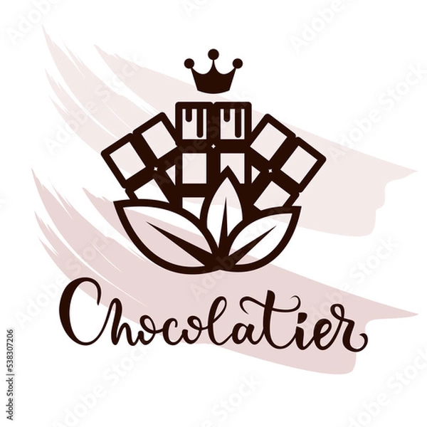 Fototapeta Vector tasty logo with chocolate bar. Chocolate with your own hands. Emblem for chocolatier, confectioner. Bean to bar chocolate.