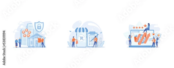 Obraz investing money on an account, Man doing purchases from shopping list, Online reputation management, set flat vector modern illustration