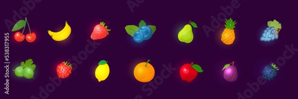 Fototapeta Neon glowing fruit set for gambling slot machine, game elements template and buttons