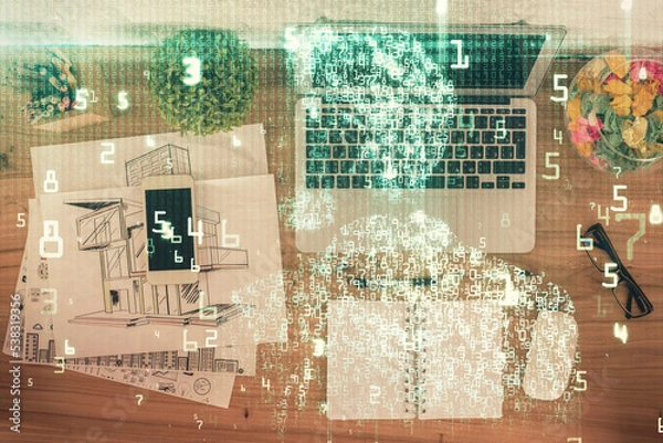 Fototapeta Double exposure of data theme drawing hologram over topview work table background with computer. Concept of technology.