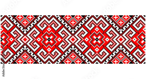 Obraz Embroidered good like old handmade cross-stitch ethnic Ukraine pattern. Ukrainian towel ornament, rushnyk called, vector.
