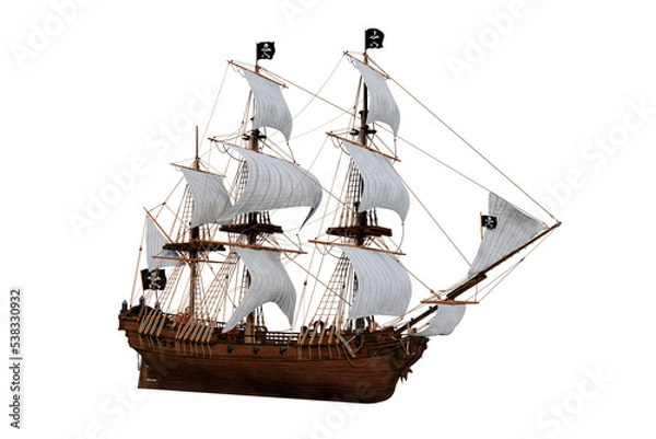 Fototapeta 3D illustration of an old wooden pirate sailing ship isolated on a transparent background.