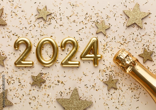 Fototapeta Happy New Year 2024 poster. Christmas background with gold 2023 numbers.