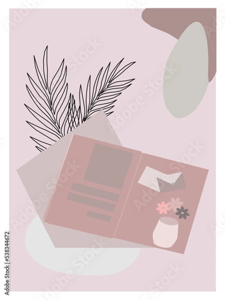 Fototapeta Botanical wall art vector set. Line art painting with leaves with abstract shapes. Abstract plant art design for print, cover, wallpaper, minimal and natural wall art. Vector illustration.