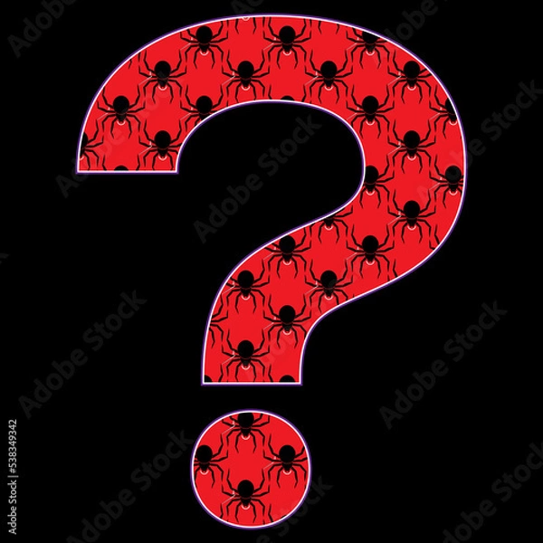 Fototapeta Illustration big question mark with halloween elements. Graphic interrogation point with black widow spider pattern.