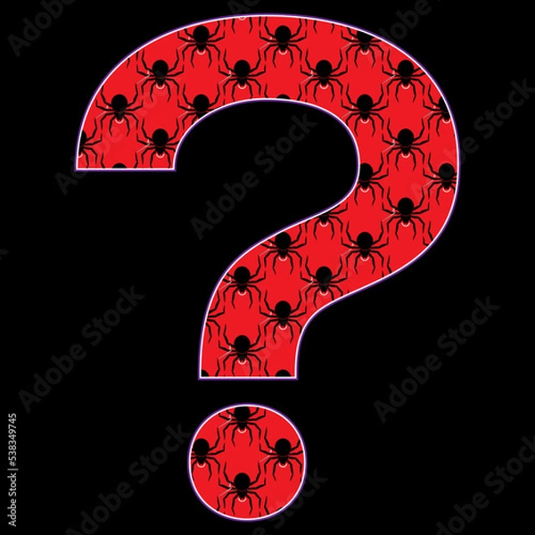 Fototapeta Vector illustration big question mark with halloween elements. Graphic interrogation point with black widow spider pattern.