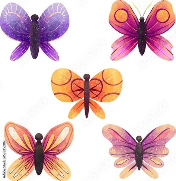 Fototapeta Illustration a set of colored butterflies for digital patterns