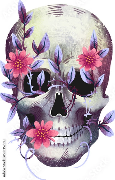 Fototapeta Illustration human skull with flowers sprouts leaves and branches print anatomy