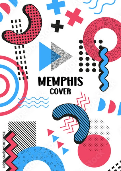 Fototapeta Memphis Elements. Memphis Cover. Poster. Set of elements for design. Red and Blue colors.