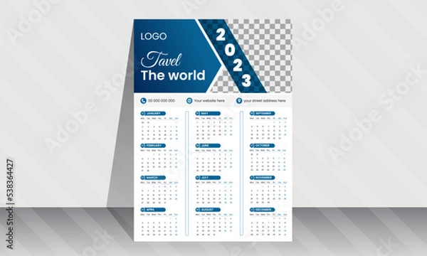 Fototapeta Monthly Calendar 2023. Simple monthly horizontal photo calendar Layout for 2023 year in English. Cover Calendar and 12 months templates