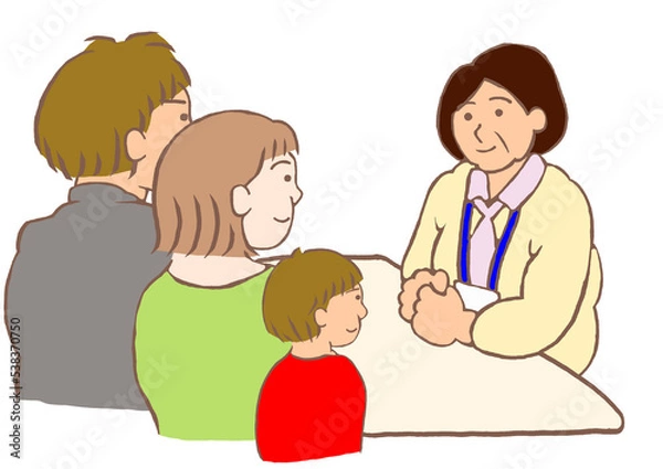Obraz ベテランの保健師と面談する発達障害の男の子とその両親のイラスト