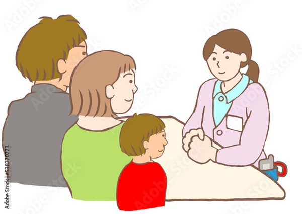 Obraz 児童精神科のソーシャルワーカーと面談する発達障害の男の子とその両親のイラスト