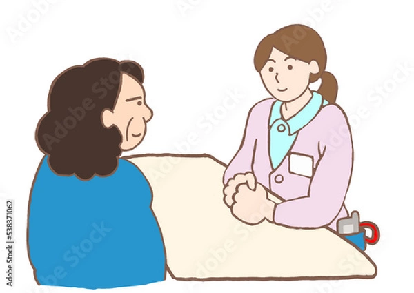 Fototapeta 精神保健福祉士と面談をする統合失調症の女性のイラスト