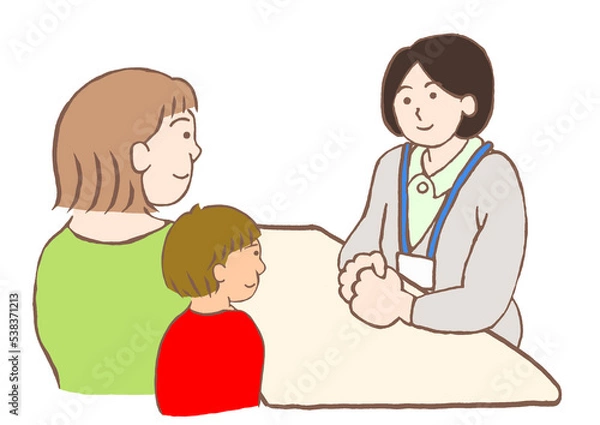 Obraz 児童精神科のソーシャルワーカーと面談する発達障害の男の子とその母親のイラスト