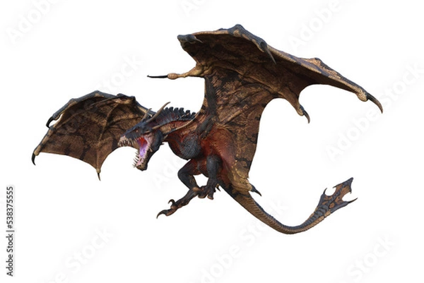 Fototapeta Wyvern or Dragon fantasy creature flying with mouth open to breath fire, 3D illustration isolated on transparent background.