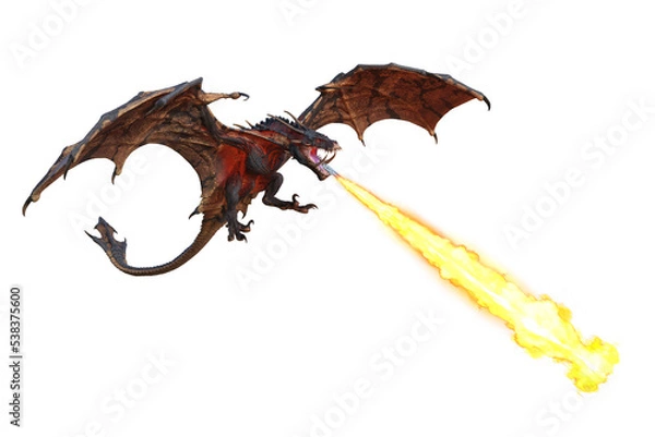 Fototapeta 3D illustration of a flying green dragon or wyvern breathing fire downwards isolated on transparent background.
