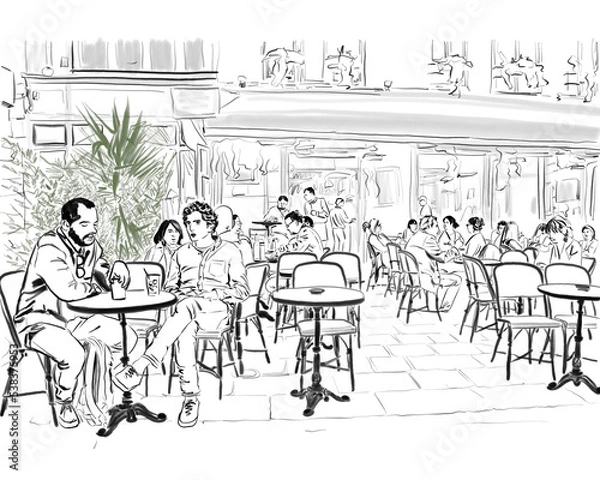 Obraz Hand drawn illustration. People enjoy the day at a Cafe in Paris, France. Figures simplified to make unrecognizable.