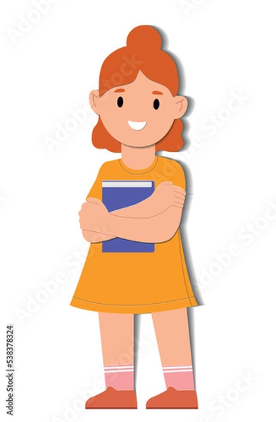 Obraz Girl back to school. Schoolgirl with book stands and smiles. Autumn holidays, 1 September and knowledge day. Student with textbooks. Graphic element for website. Cartoon flat vector illustration
