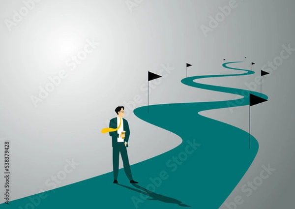 Fototapeta Business people, motivated employees working on successful career growth. Drawing path to promotion. Concept of business, career development, ambitions, vector illustration concept.