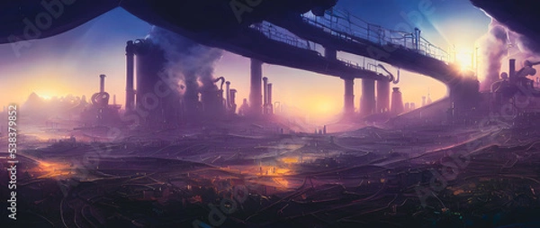 Fototapeta Artistic concept painting of a city pollution and climate change  , background illustration.