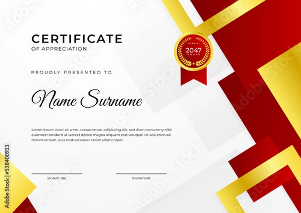Obraz Certificate of achievement red template design with gold badge and border for business, award, honor and school