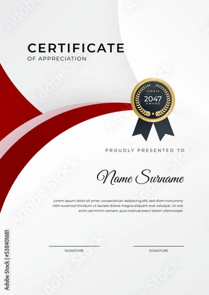 Fototapeta Certificate of achievement red template design with gold badge and border for business, award, honor and school