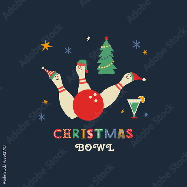 Fototapeta Christmas holiday bowling fancy vector icon. Bowling ball strike, funny pin, Elf hat cartoon design element. Bowl club x-mas holidays invitation template. Christmas party event background illustration
