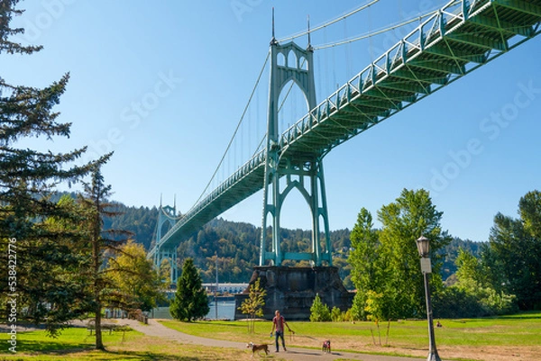 Obraz Scenic St Johns Bridge spans the Willamette River and Cathedral Park in north Portland Oregon