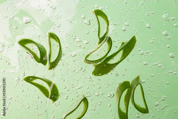 Fototapeta Group of slices of aloe vera in the cosmetics gel with bubbles inside.Cosmetics background.