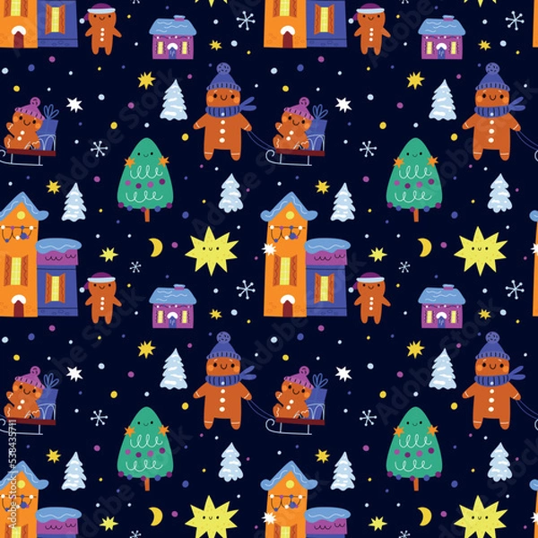 Fototapeta Festive Christmas pattern with gingerbread man and stars. Background, Wrapping holiday paper print. Texture for Christmas and New Year textile, print with cute design elements 