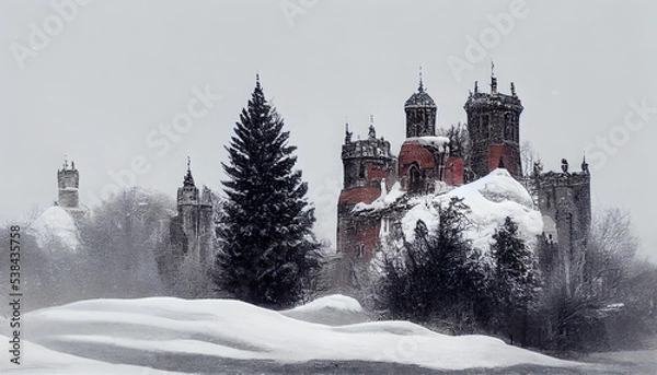 Obraz Gothic palace on a mountain in the snow.