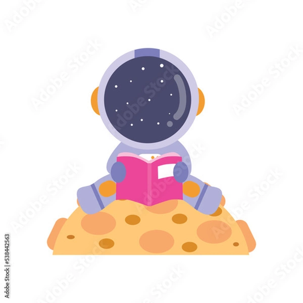 Fototapeta illustration vector graphic  astronaut kid the galaxy exploler reading a book.  Cute happy cartoon children character in spacesuit with special helmet.