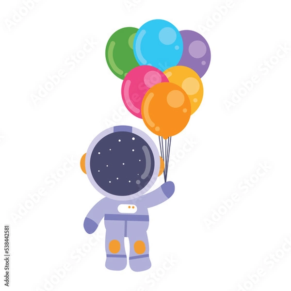 Fototapeta illustration vector graphic astronaut kid the galaxy explorer playing balloon. Cute happy cartoon children character in spacesuit with special helmet.