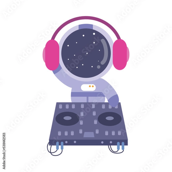Fototapeta illustration vector graphic astronaut kid the galaxy explorer becoming disc jockey. Cute happy cartoon children character in spacesuit with special helmet.