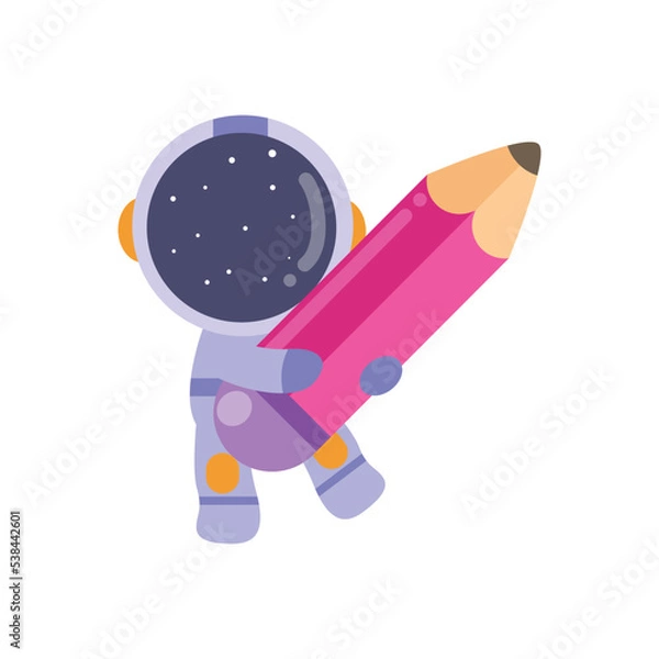 Fototapeta illustration vector graphic astronaut kid the galaxy explorer playing big pencil. Cute happy cartoon children character in spacesuit with special helmet.