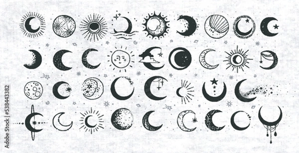 Obraz Doodles with the moon on old paper backrground. Crescent moon collection. Vector sketch illustration.
