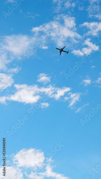 Fototapeta The passenger plane is flying far away in the blue sky and white clouds. Airplane in the air. International passenger air transportation. Vertical stories