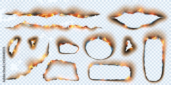 Fototapeta Burnt paper holes isolated set. Vector realistic fire scorched and torn edges of paper sheets with burned damages on sides and abstract unburned holes