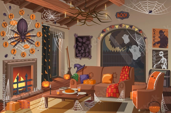 Obraz Vector hand drawn interior decorated with different festive attributes for Halloween.