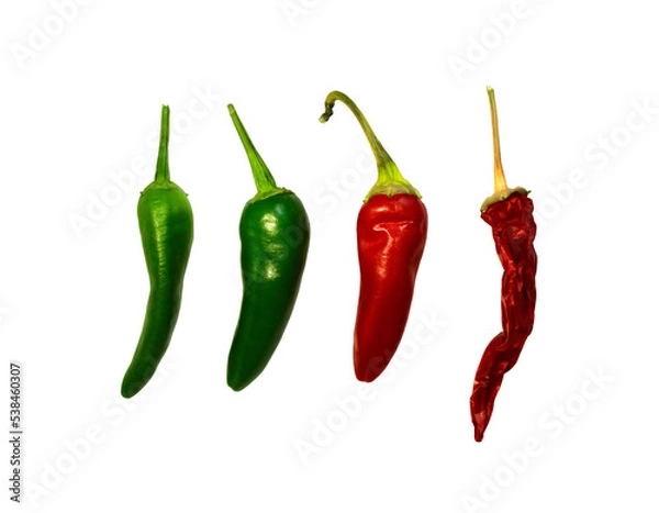 Fototapeta Different stages of pepper ripening. Top view photo of chili peppers  on a transparent background png