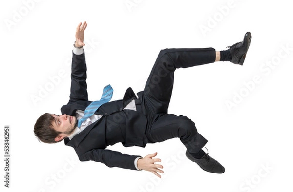 Fototapeta Scared businessman is falling down isolated on transparent background.