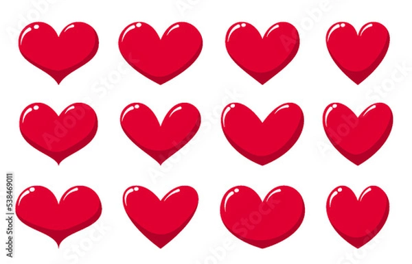 Obraz Love hearts red cartoon icon set. Different heart shape romance glossy symbol. Valentines day, wedding abstract stylized lovely design emblem signs. Romantic emotion sweet candy isolated on white