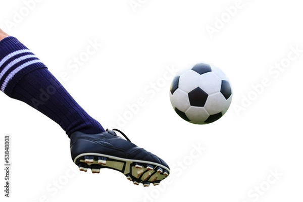 Fototapeta foot kicking soccer ball isolated with clipping path