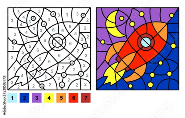 Fototapeta Vector coloring page for children education and activities. Puzzle game color by number rocket