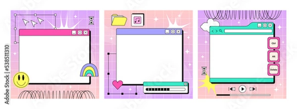 Obraz Set of sheets for writing in the y2k style. Retro interface of an old computer with a bright color. Retro wave and vaporwave